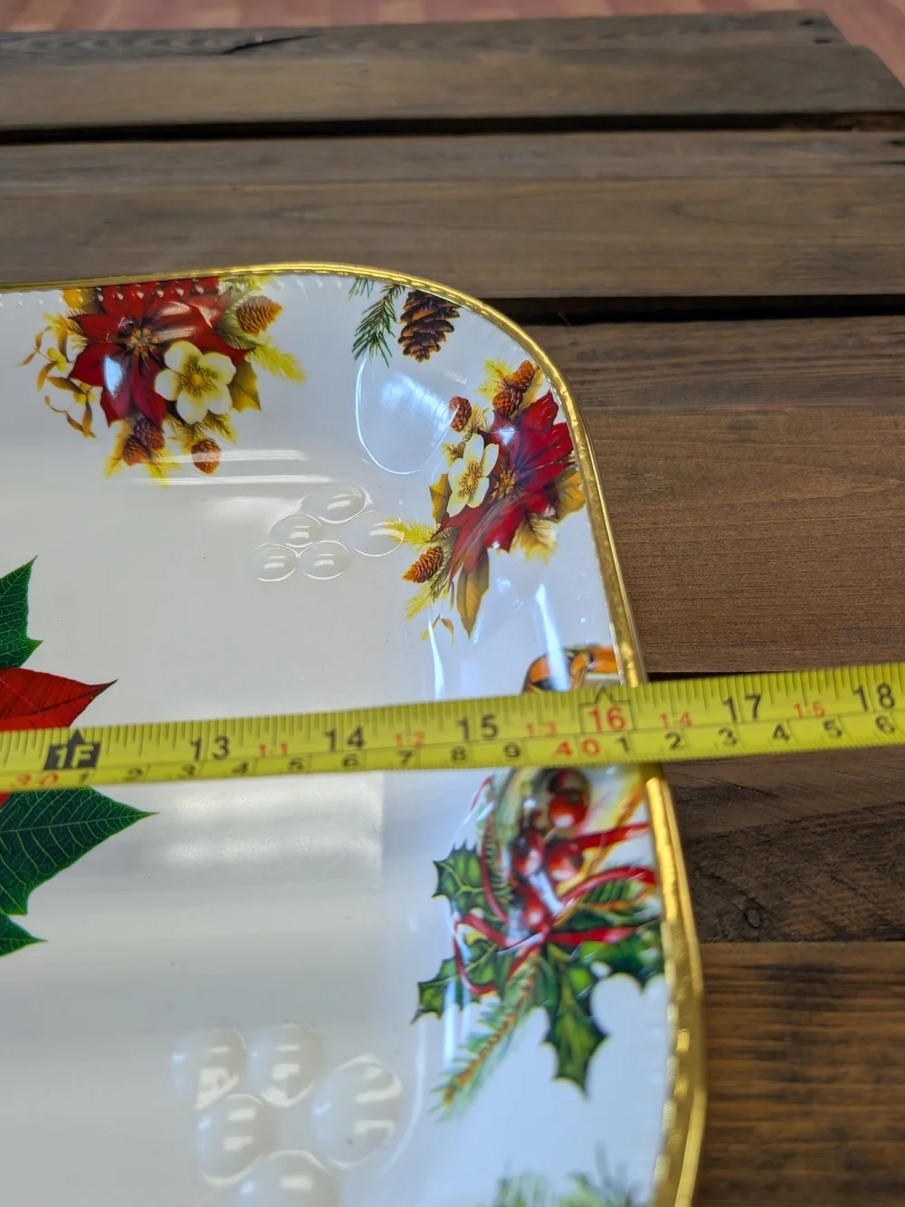 Vintage Christmas Poinsettia Serving Tray Platter Gold Rim Thick Plastic 16